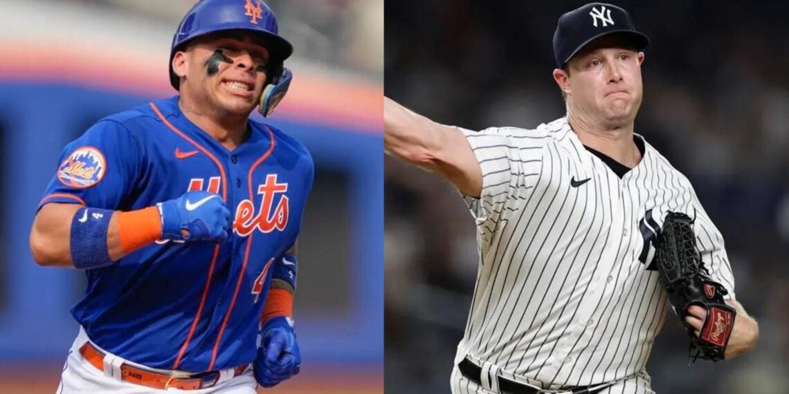 Catcher Francisco Alvarez of the Mets and Pitcher Gerrit Cole of the Yankees