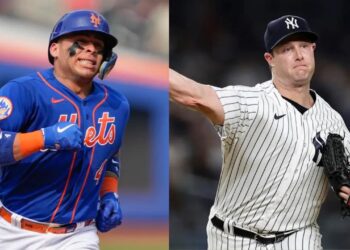 Catcher Francisco Alvarez of the Mets and Pitcher Gerrit Cole of the Yankees