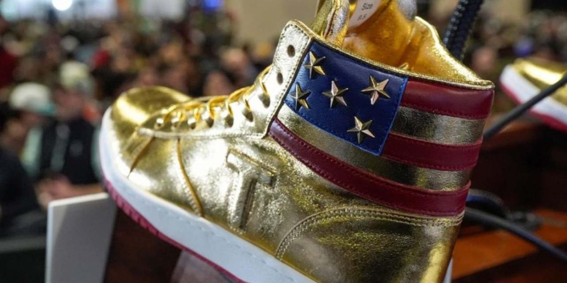 The former US President hawks $400 golden sneakers (Credit: YouTube)