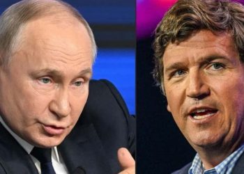 Tucker Carlson and Vladimir Putin (Credit: The Guardian)