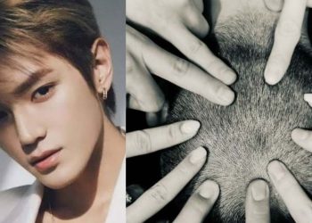 Taeyong and others putting fingers on his shaved head, done for his military service