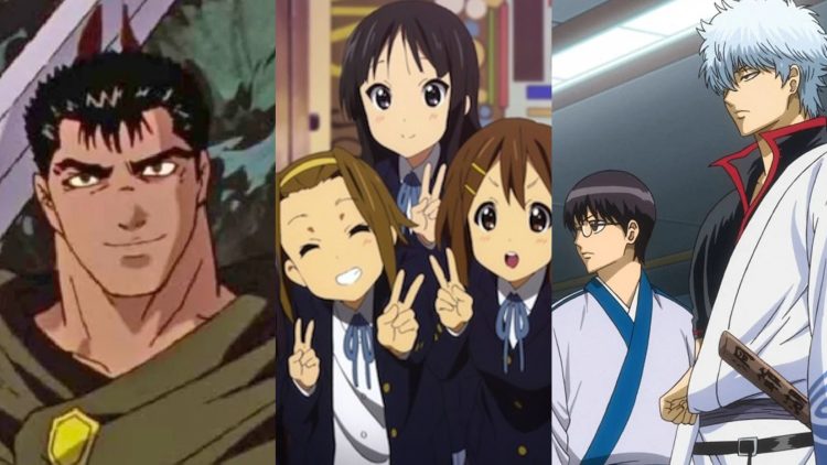 A Still from "Berserk" (Left), A Still from "K-On" (Middle), A Still from "Gintama"(Right)