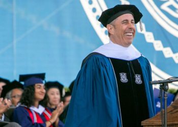 Comedian Jerry Seinfeld giving a speech at the Duke University's commencement ceremony