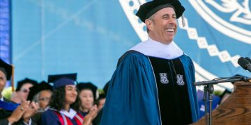 Comedian Jerry Seinfeld giving a speech at the Duke University's commencement ceremony