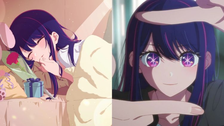 The artwork of Ai Hoshino sleeping (Left), Ai Hoshino in "Oshi No Ko" (Right)