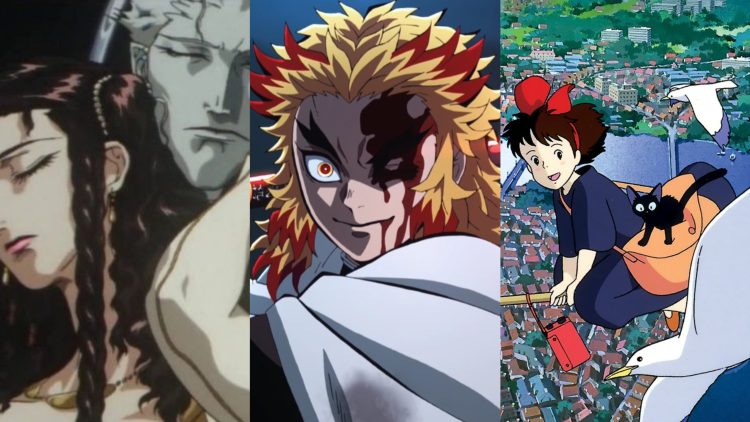 A Still from 'Vampire Hunter D: Bloodlust' (Left), A still from 'Demon Slayer: Kimetsu no Yaiba – The Movie: Mugen Train' (Middle), A Still from 'Kiki's Delivery Services' (Right)