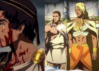 A Still from 'Blood of Zeus' Anime (Left), Characters from the Anime (Right)