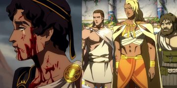 A Still from 'Blood of Zeus' Anime (Left), Characters from the Anime (Right)