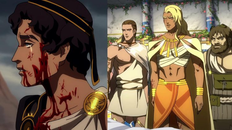 A Still from 'Blood of Zeus' Anime (Left), Characters from the Anime (Right)