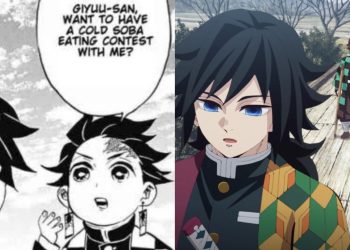 Tanjiro invites Giyu to a 'Soba Noodles eating challenge' in the 'Demon Slayer' Manga (Left), The scene from the Manga shown in the Anime (Right)