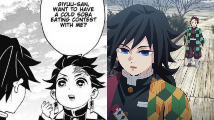 Tanjiro invites Giyu to a 'Soba Noodles eating challenge' in the 'Demon Slayer' Manga (Left), The scene from the Manga shown in the Anime (Right)