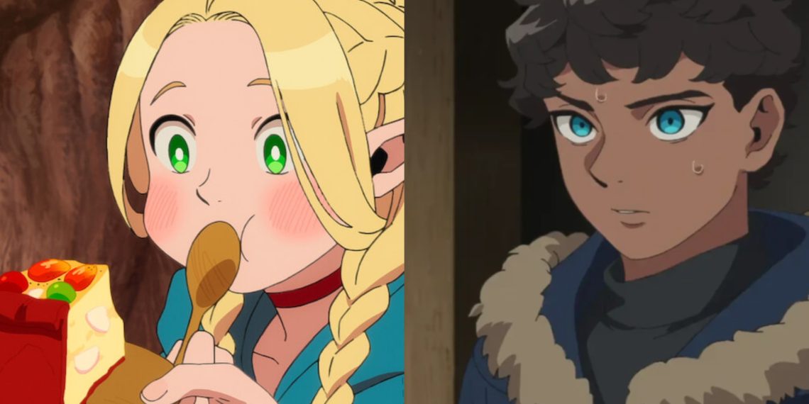 Marcille eating a dish cooked by Senshi (Left), Kabru from 'Delicious In Dungeon' Episode 21 (Studio TRIGGER)