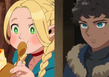 Marcille eating a dish cooked by Senshi (Left), Kabru from 'Delicious In Dungeon' Episode 21 (Studio TRIGGER)