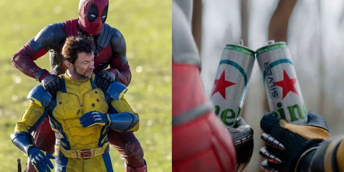 Ryan Reynolds and Hugh Jackman in 'Deadpool And Wolverine' Movie (Marvel Studios)(Left), A Still from the 'Heineken' Ad featuring characters from the upcoming movie (Right)