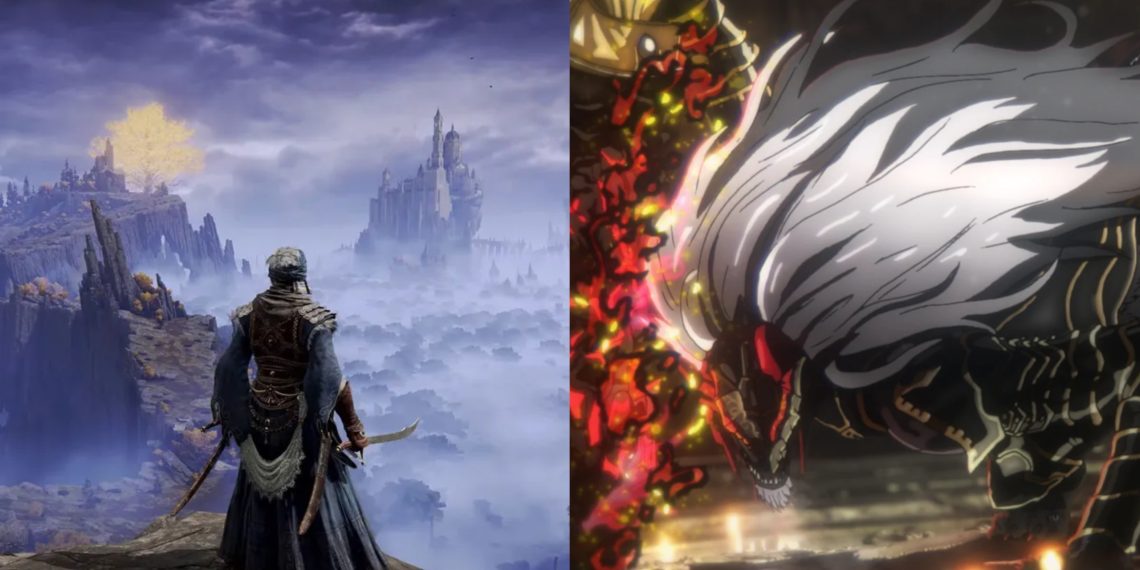 A gameplay scene from 'Elden Ring' the game (Credits: FromSoftware) (Left),  SteinsAlter's Elden Ring anime, which will be a three-minute tribute (Right)