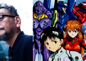 Hideki Anno, creator of 'Neon Genesis Evangelion' (Left), A poster for the Anime (Right)