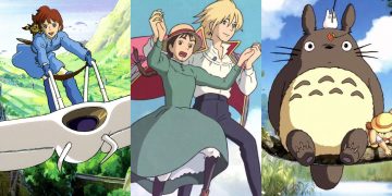 A Still from "Nausicaa" (Left), A Still from "Howl's Moving Castle" (Middle), A Still from 'My Neighbor Totoro" (Right)