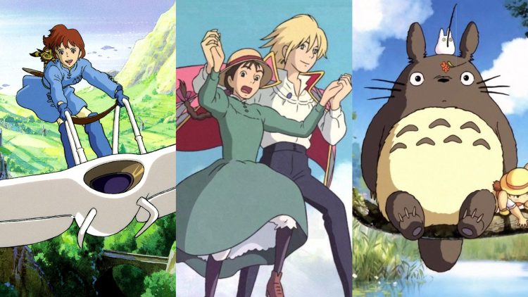 A Still from "Nausicaa" (Left), A Still from "Howl's Moving Castle" (Middle), A Still from 'My Neighbor Totoro" (Right)