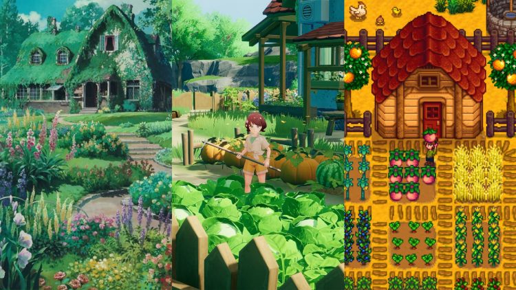 A Still for the classic "Studio Ghibli" Scenery (Left), A Still from "Starsand Island" (Middle), A Still from the game "Stardew Valley" (Right)