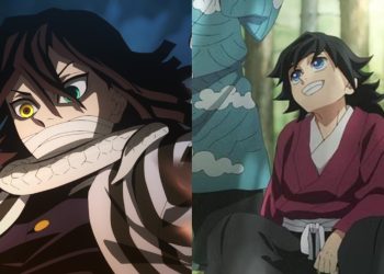 A Still from 'Demon Slayer' season 4 episode 2 (left), A Still of Giyu Tomioka and Sabito in the flashback scene from episode 2 (Right)