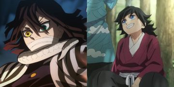 A Still from 'Demon Slayer' season 4 episode 2 (left), A Still of Giyu Tomioka and Sabito in the flashback scene from episode 2 (Right)
