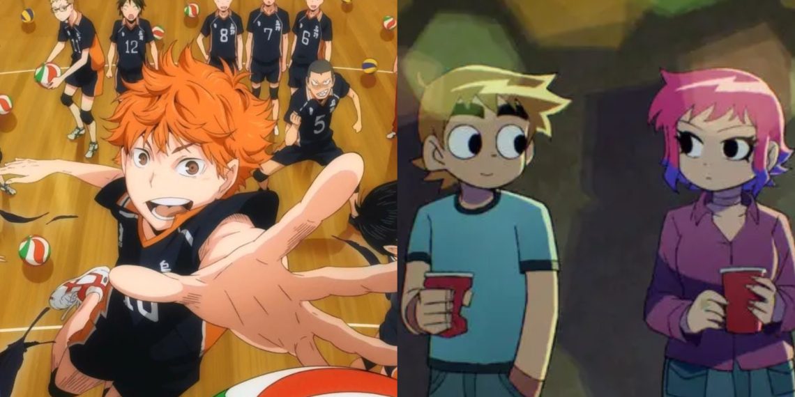An Anime illustrated poster for Haikyuu!! (Credits: TOHO Animation) (Left), Scott Pilgrim and Ramona Flowers from 'Scott Pilgrim Takes Off' On Netflix (Credits: Science SARU) (Right)