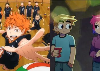 An Anime illustrated poster for Haikyuu!! (Credits: TOHO Animation) (Left), Scott Pilgrim and Ramona Flowers from 'Scott Pilgrim Takes Off' On Netflix (Credits: Science SARU) (Right)