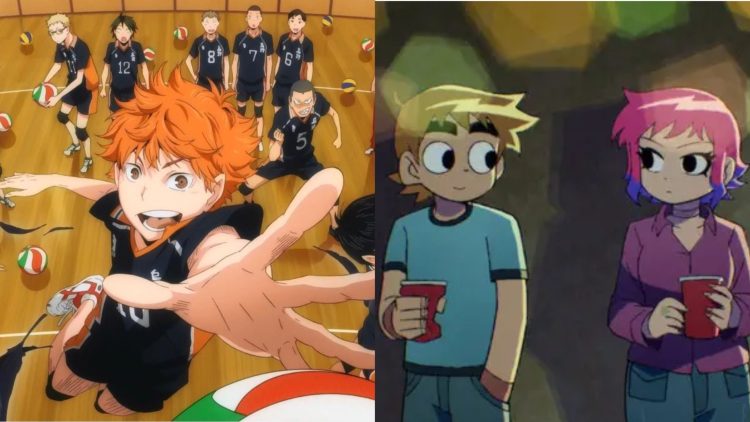 An Anime illustrated poster for Haikyuu!! (Credits: TOHO Animation) (Left), Scott Pilgrim and Ramona Flowers from 'Scott Pilgrim Takes Off' On Netflix (Credits: Science SARU) (Right)