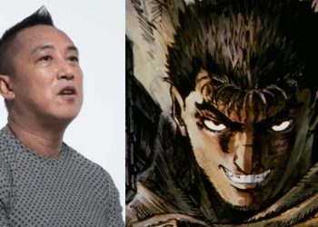 Kouji Mori, who has taken up the 'Berserk' series (left), Guts from 'Berserk' the Manga (Right)