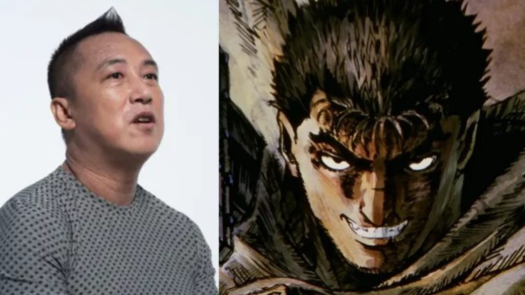 Kouji Mori, who has taken up the 'Berserk' series (left), Guts from 'Berserk' the Manga (Right)