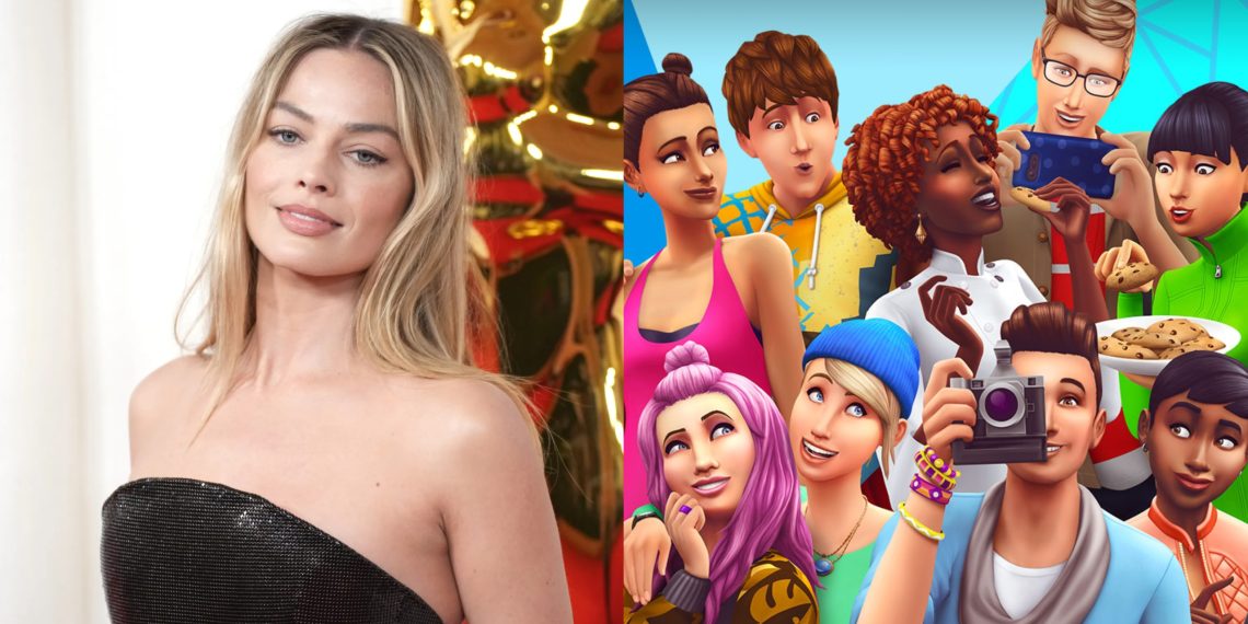 Margot Robbie at the 2024 Oscars Red Carpet (Left), An illustration for 'The Sims' game (Right)