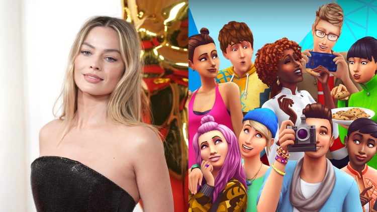 Margot Robbie at the 2024 Oscars Red Carpet (Left), An illustration for 'The Sims' game (Right)