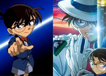 Detective Conan (Left) and a poster from 'Detective Conan: The Million Dollar Pentagram' (Right) (TMS Entertainment)