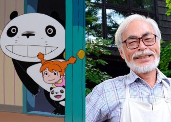 Papa Panda and Mimiko from 'Panda Go Panda! Rainy Day Circus' (Credits: Hayao Miyazaki) (Left), Hayao Miyazaki (Right)