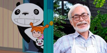 Papa Panda and Mimiko from 'Panda Go Panda! Rainy Day Circus' (Credits: Hayao Miyazaki) (Left), Hayao Miyazaki (Right)