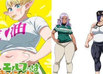 A Poster (Left) and characters from 'Plus-Sized Elf' the Anime