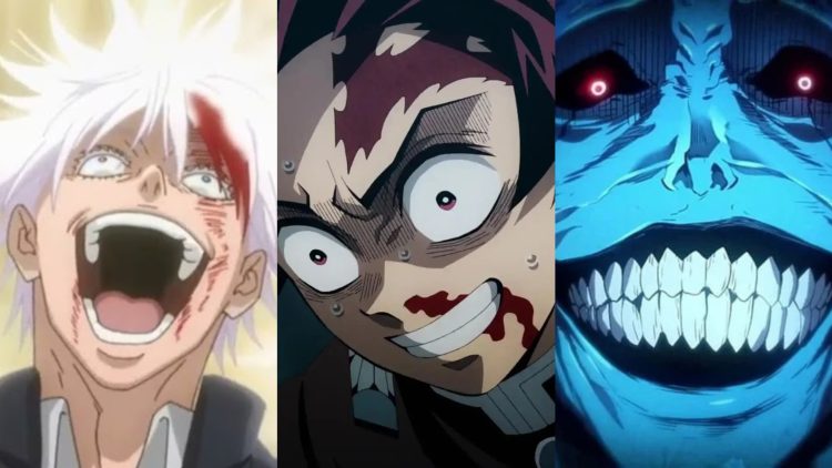 Gojo Satoru fighting Toji Fushiguro in 'Jujutsu Kaisen' (Left), Tanjiro Kamado in 'Demon Slayer' (Middle), The Statue Of God from 'Solo Leveling' the Anime