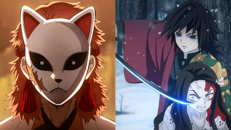 Sabito (Left) and Giyu Tomioka (Right) holding Nezuko hostage in the first season of 'Demon Slayer'