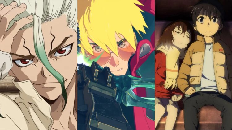 A Still from 'Dr. Stone' (Left), A Still from 'Trigun Stampede' (Middle), a Still from 'Erased' (Right)