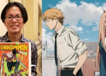 Tatsuki Fujimoto, creator of "Chainsaw Man"(Left), A Still from "Chainsaw Man" the Anime (Right)
