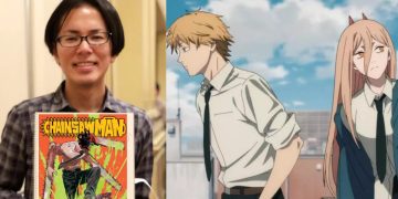 Tatsuki Fujimoto, creator of "Chainsaw Man"(Left), A Still from "Chainsaw Man" the Anime (Right)