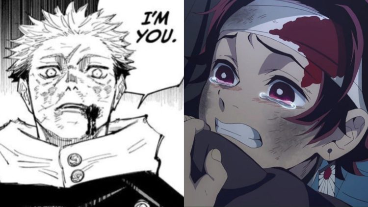 Yuji (Pictured left) fights Mahito in the 'Jujutsu Kaisen' Manga (Credits: Gege Akutami), Tanjiro Kamado hugs Rengoku in his final moments (Right) (Credits: Ufotable)