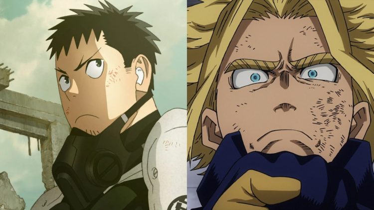 Kafka Hibino (Left) from 'Kaiju No. 8' (Production I.G) and All Might (Right) from 'My Hero Academia' (Studio Bones)