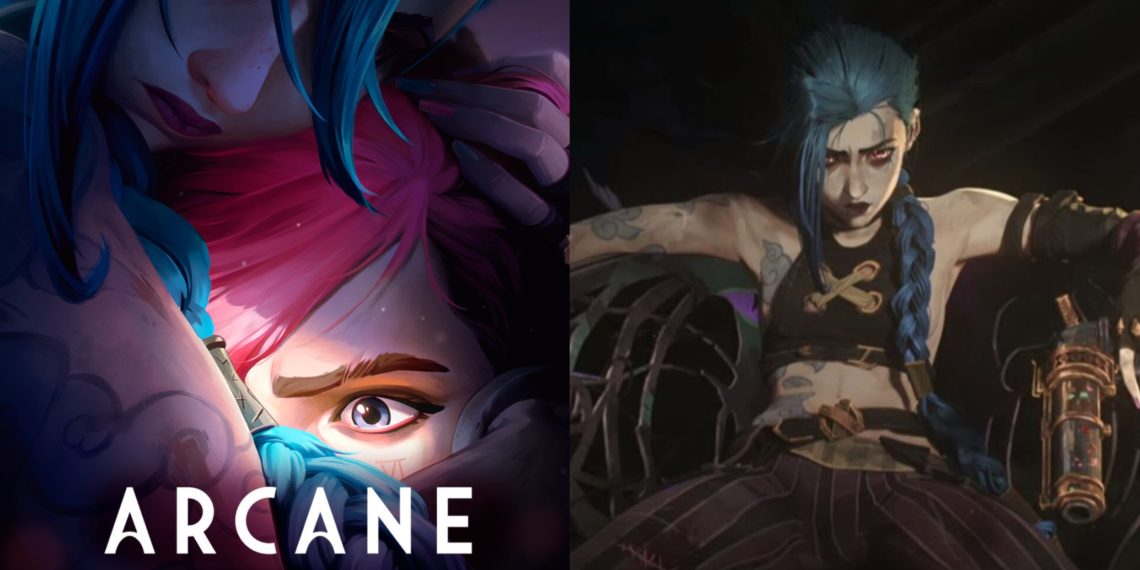 An illustrative poster for 'Arcane: Season 2' featuring Jinx and Vi (Left), Jinx from Season 1 (Studio Fortiche)