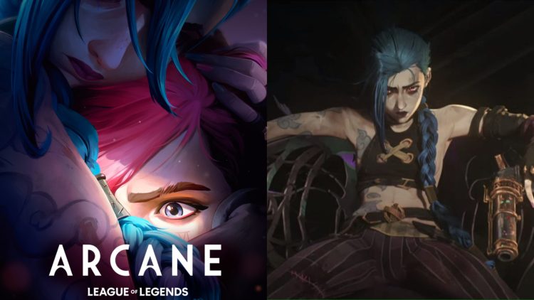 An illustrative poster for 'Arcane: Season 2' featuring Jinx and Vi (Left), Jinx from Season 1 (Studio Fortiche)