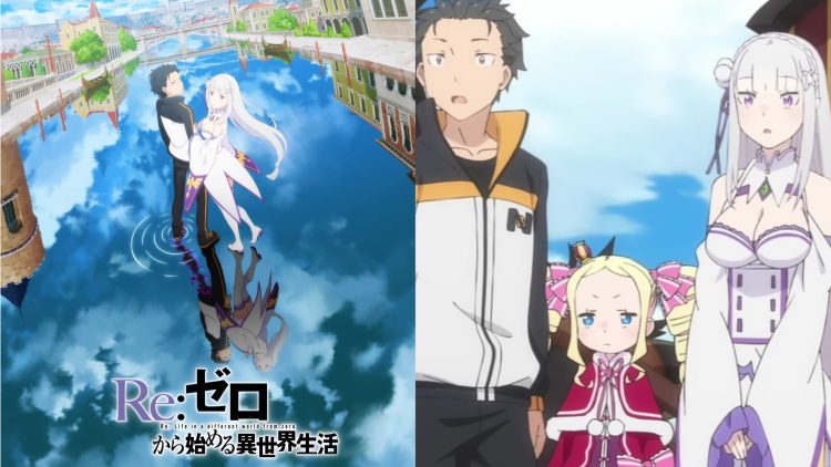 An illustrative poster from 'Re:Zero -Starting Life in Another World-' (Left) (Studio White Fox), Subaru, Beatrice, and Emilia (Right)