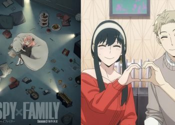 An illustration depicting Anya sleeping in her room with Bond, to mark the official announcement of Season 3 (Left), Yor and Loid Forger (Right) from 'SpyxFamily' (CloverWorks)