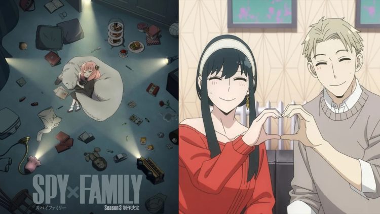 An illustration depicting Anya sleeping in her room with Bond, to mark the official announcement of Season 3 (Left), Yor and Loid Forger (Right) from 'SpyxFamily' (CloverWorks)