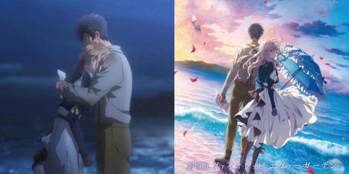 Violet and Gilbert in 'Violet Evergarden' (Kyoto Animation) (Left), in a illustrative poster for the Anime (Right)