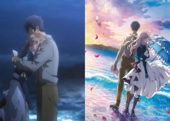 Violet and Gilbert in 'Violet Evergarden' (Kyoto Animation) (Left), in a illustrative poster for the Anime (Right)